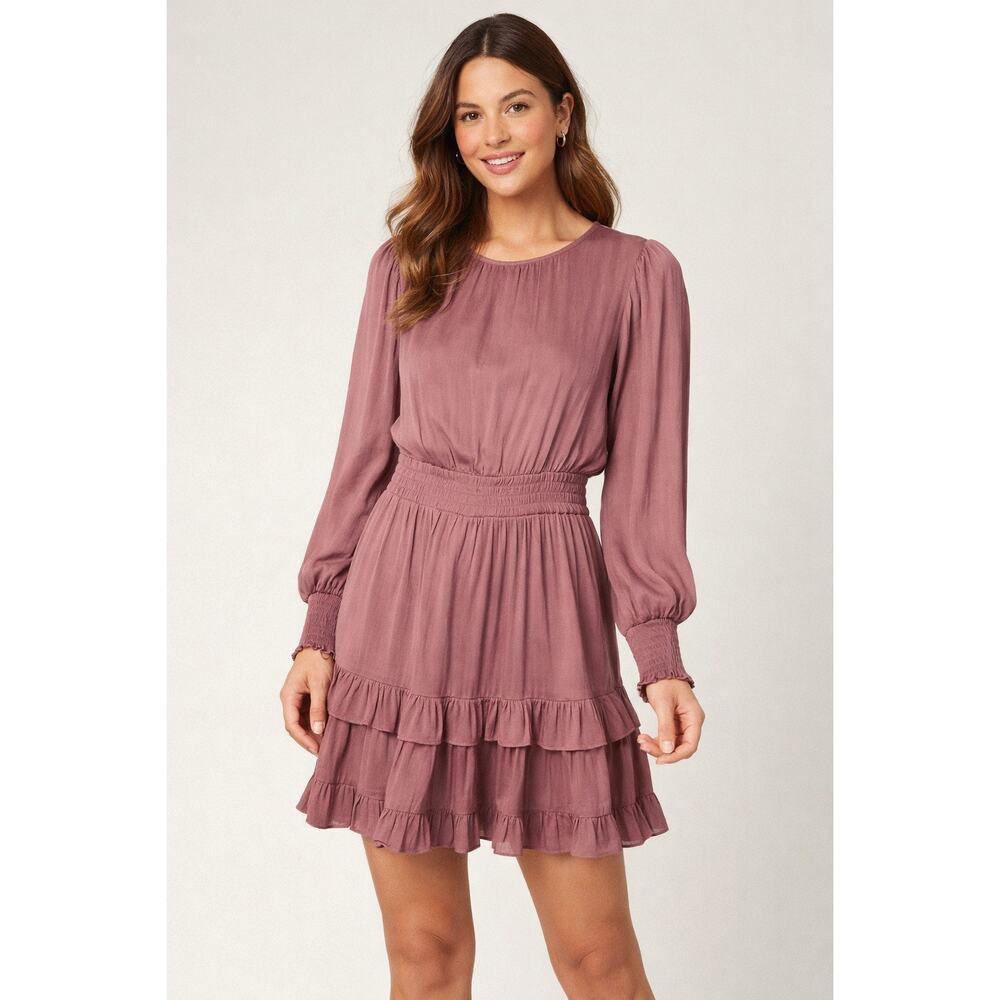 Evereve Mauve Satin Smocked Waist Ruffle Hem Long Sleeve Mini Dress S
